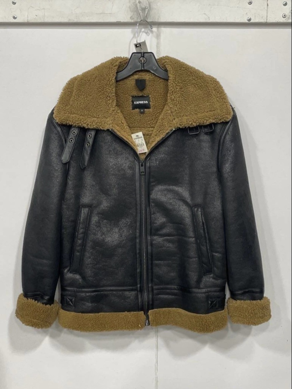 Express Black Bomber Jacket with Brown Shearling Trim